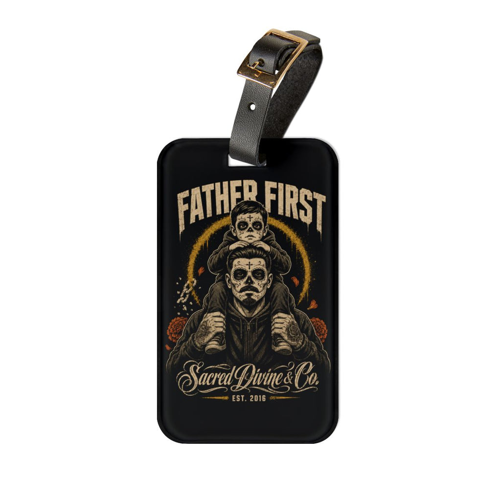Sacred Divine & Co. Father First Luggage Tag — Vintage Skull Dad & Child Travel ID