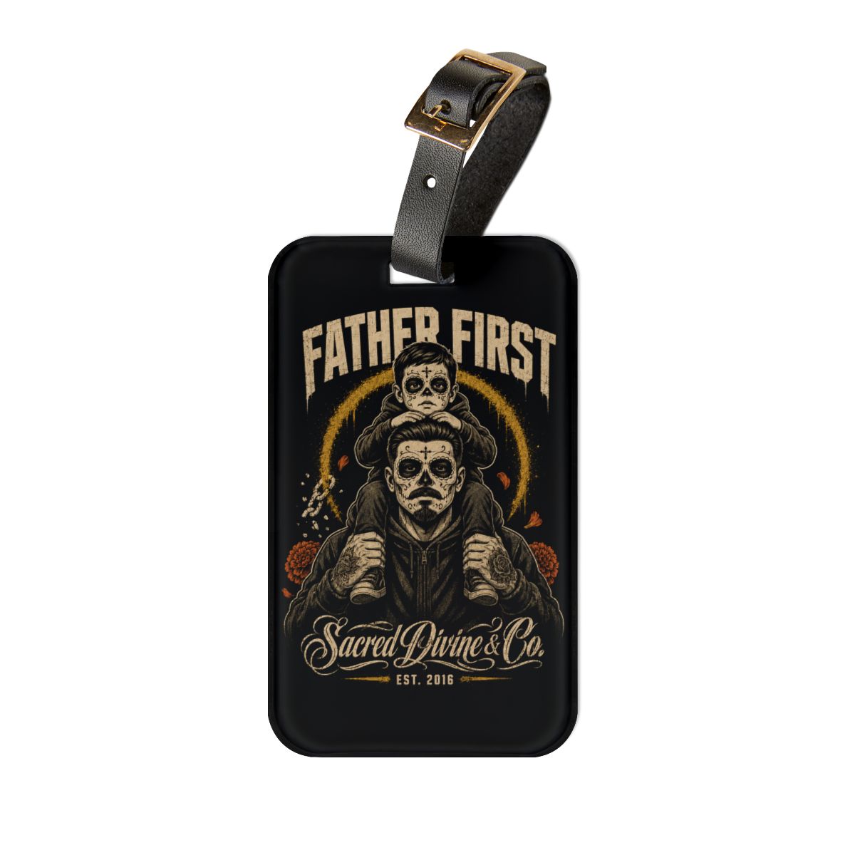 Sacred Divine & Co. Father First Luggage Tag — Vintage Skull Dad & Child Travel ID