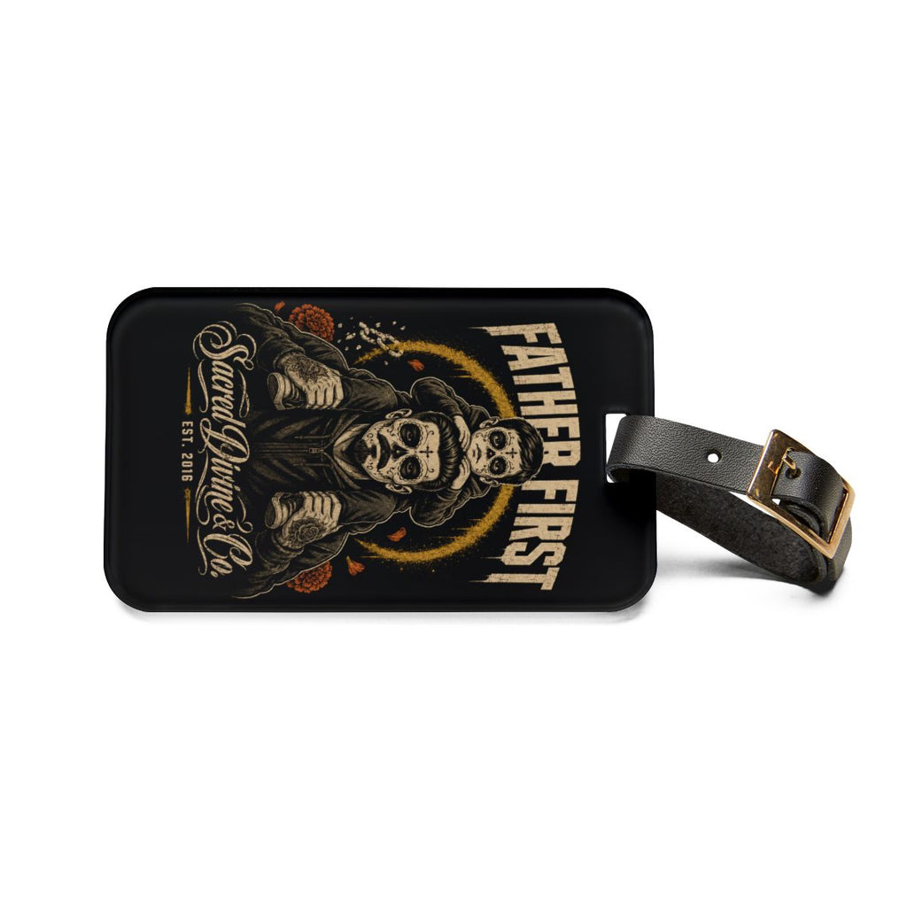 Sacred Divine & Co. Father First Luggage Tag — Vintage Skull Dad & Child Travel ID