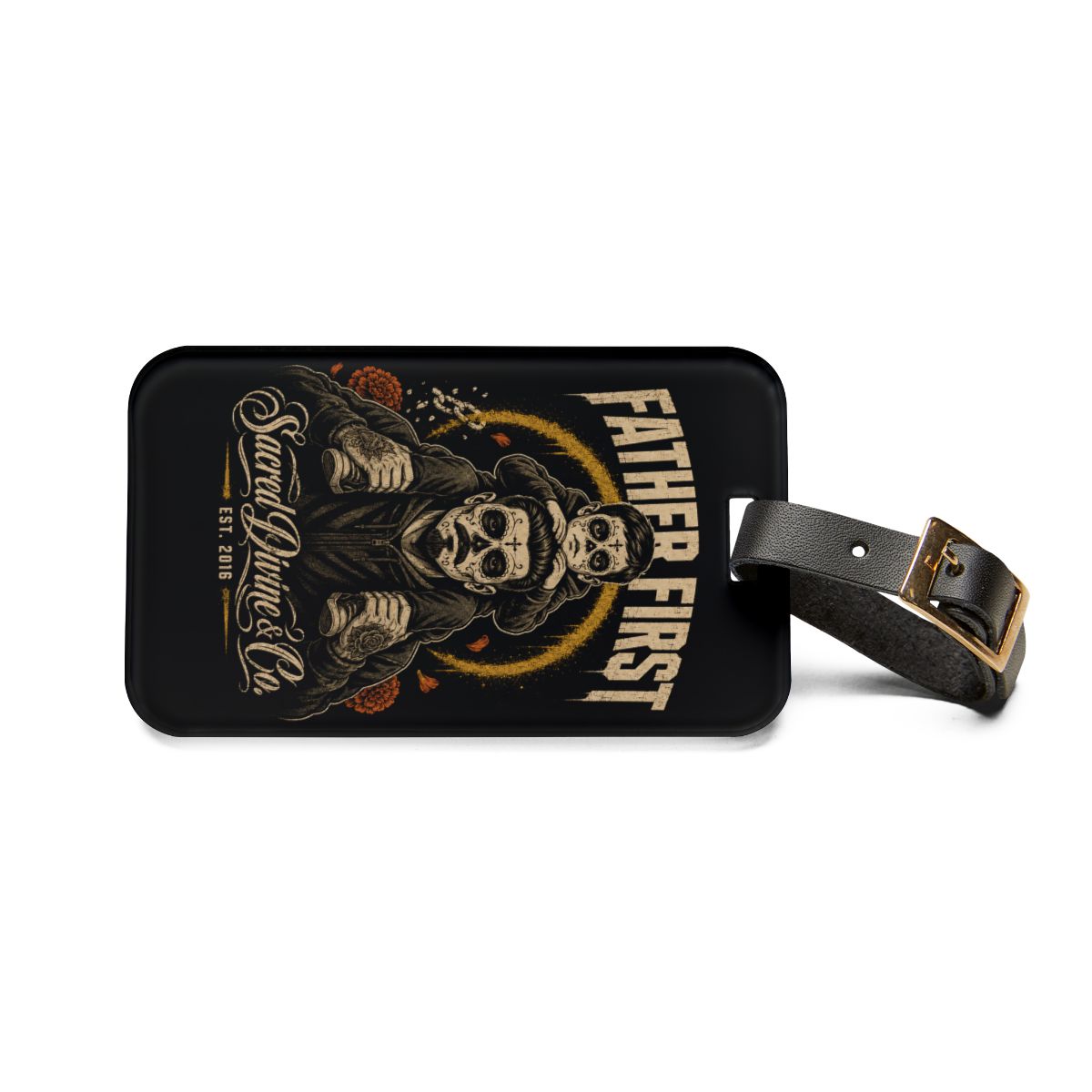 Sacred Divine & Co. Father First Luggage Tag — Vintage Skull Dad & Child Travel ID