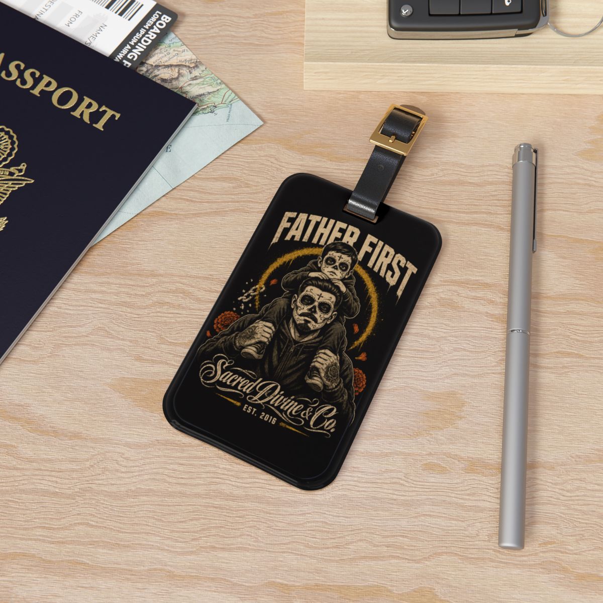 Sacred Divine & Co. Father First Luggage Tag — Vintage Skull Dad & Child Travel ID