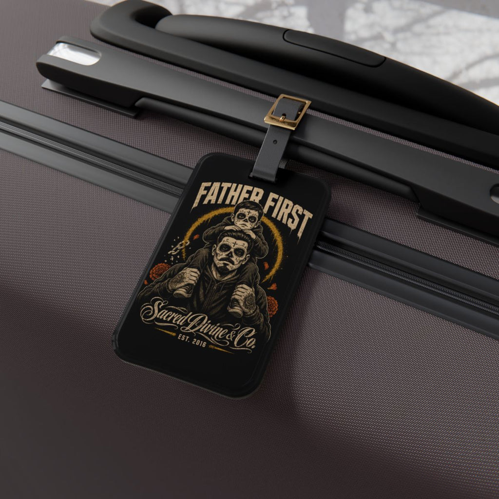 Sacred Divine & Co. Father First Luggage Tag — Vintage Skull Dad & Child Travel ID