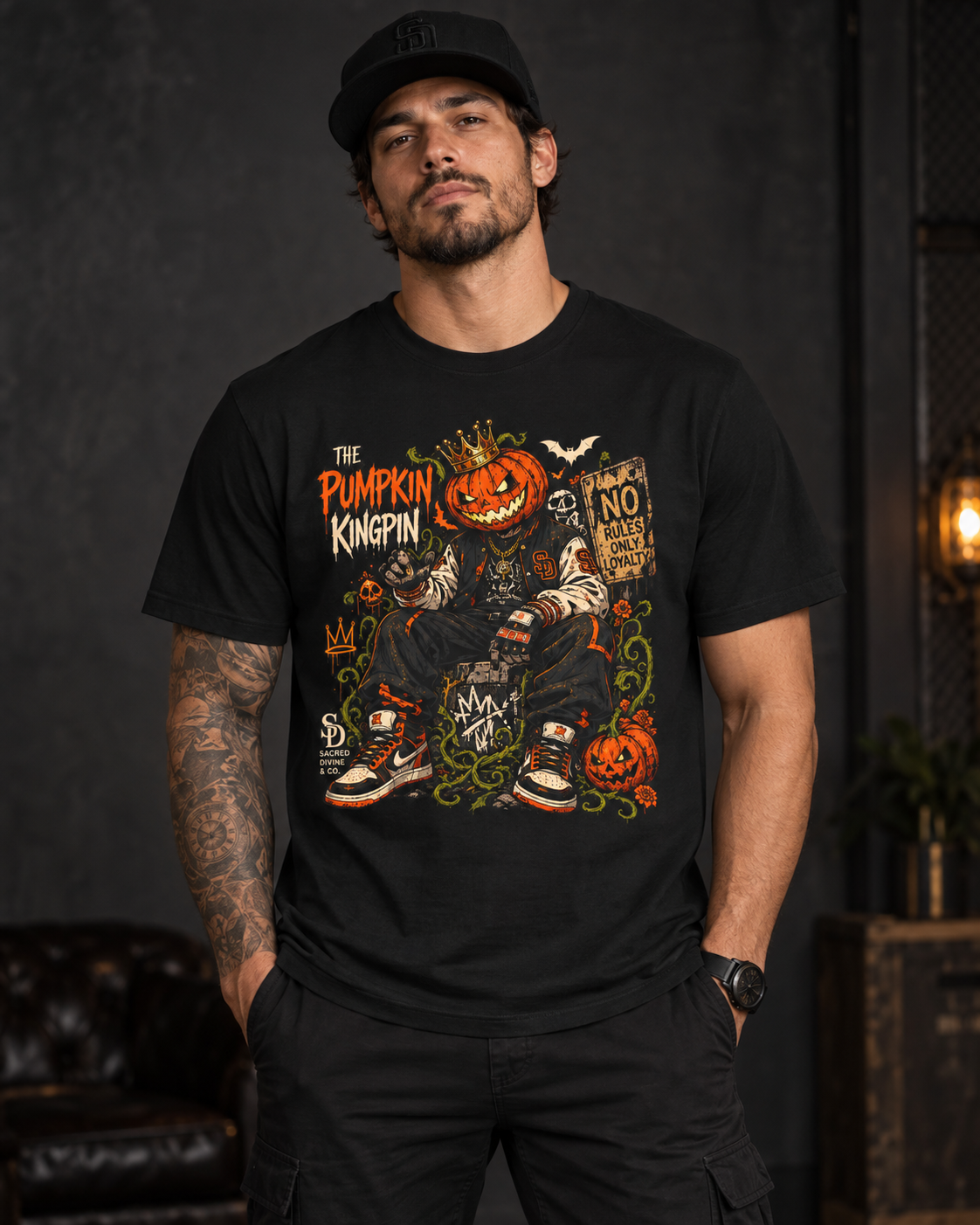 The Pumpkin Kingpin Tee styled product image with crowned jack-o'-lantern holding a No Rules Only Loyalty sign