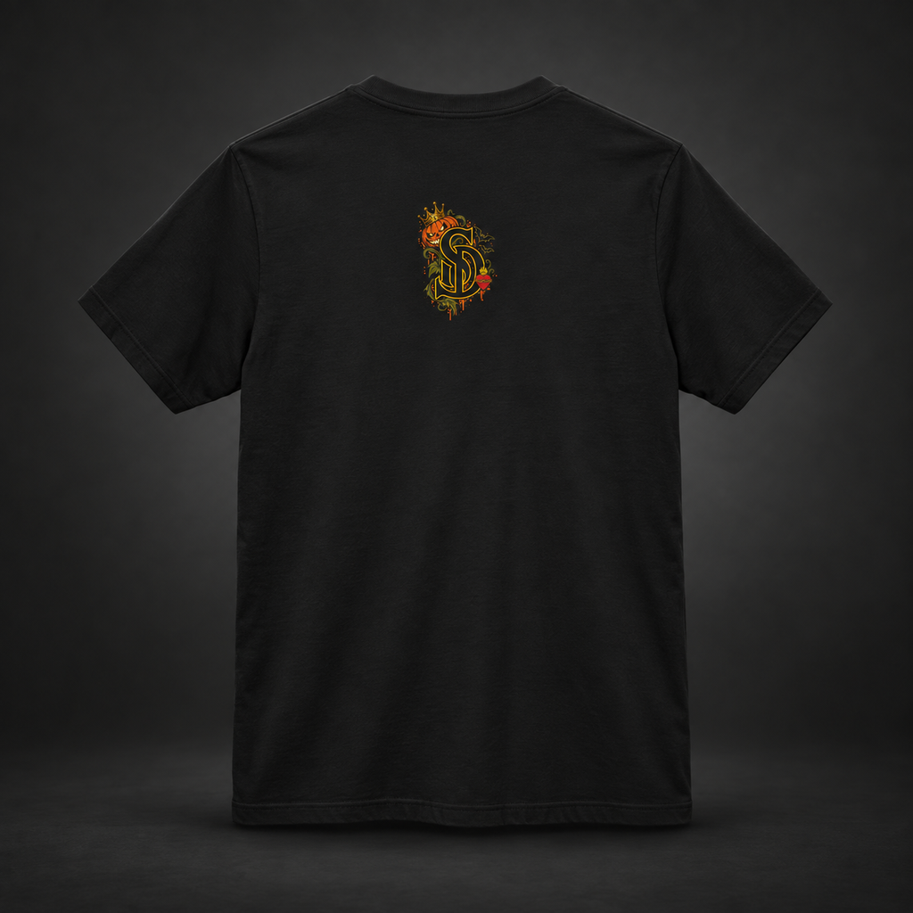 The Pumpkin Kingpin Tee styled product image with crowned jack-o'-lantern holding a No Rules Only Loyalty sign