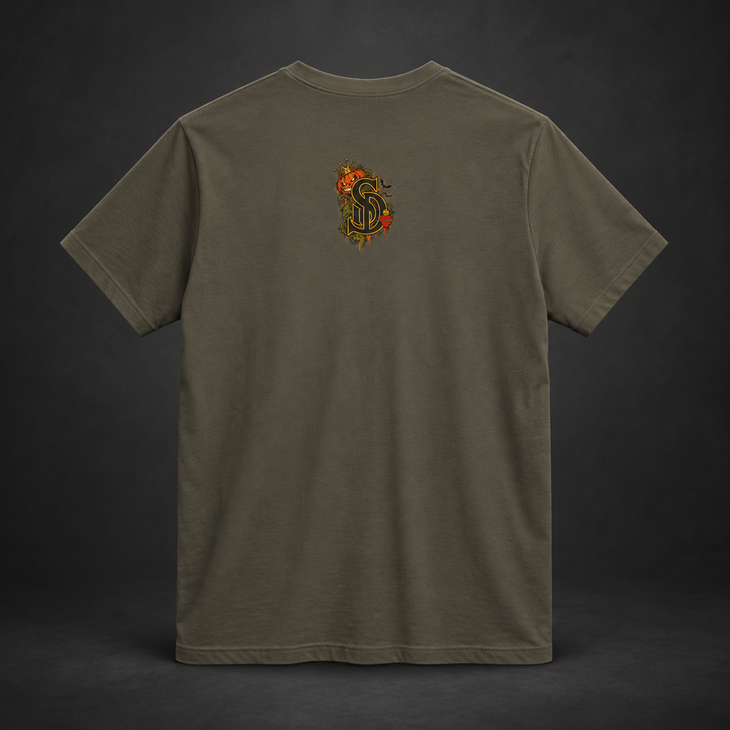 The Pumpkin Kingpin Tee styled product image with crowned jack-o'-lantern holding a No Rules Only Loyalty sign