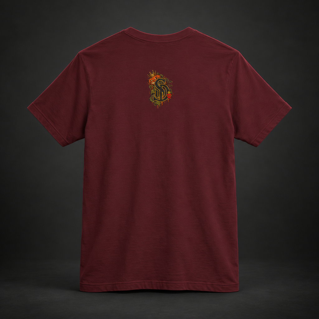 The Pumpkin Kingpin Tee styled product image with crowned jack-o'-lantern holding a No Rules Only Loyalty sign