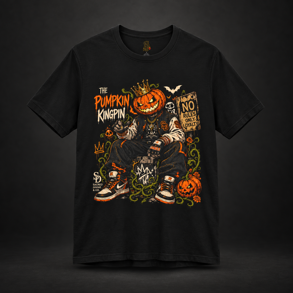 The Pumpkin Kingpin Tee styled product image with crowned jack-o'-lantern holding a No Rules Only Loyalty sign
