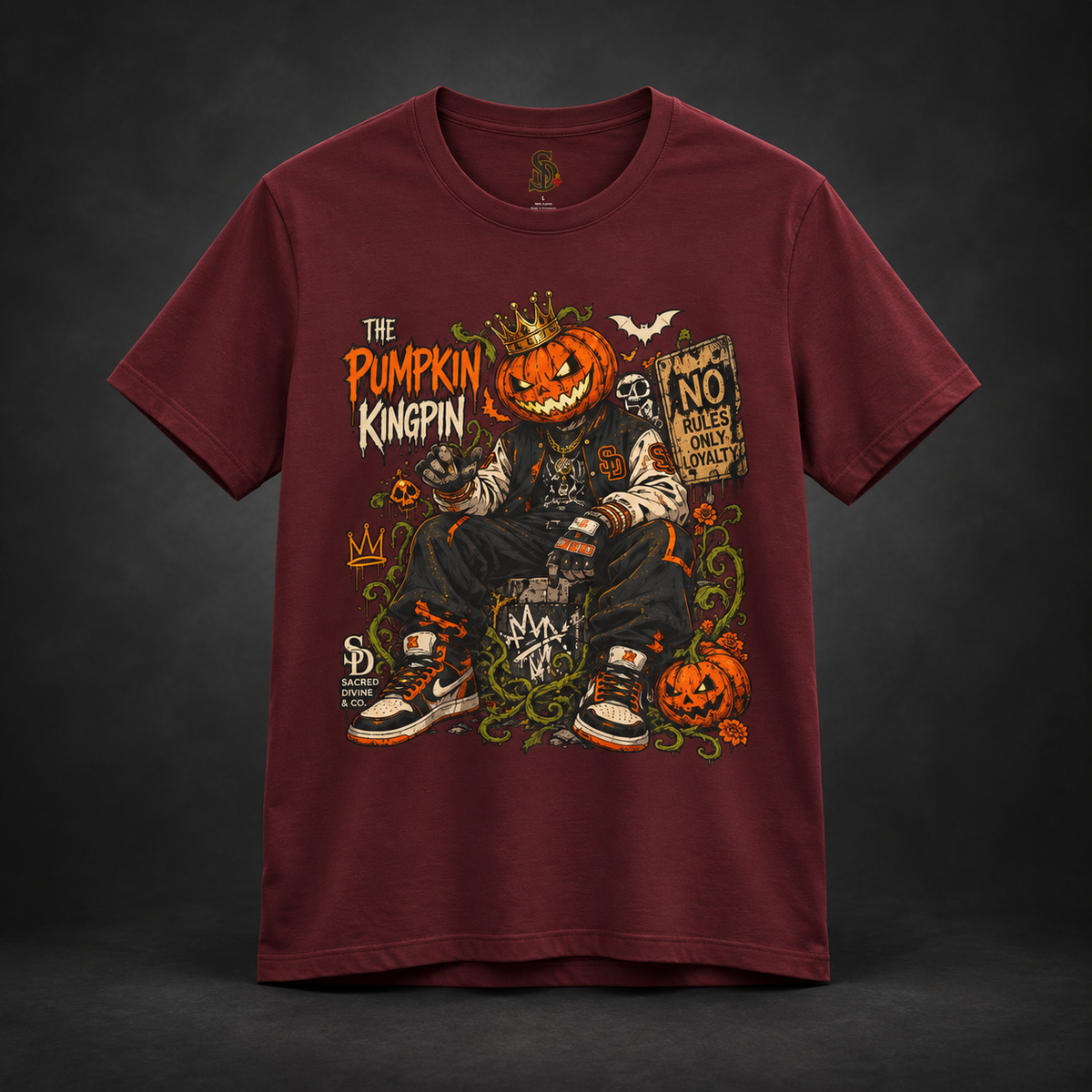 The Pumpkin Kingpin Tee styled product image with crowned jack-o'-lantern holding a No Rules Only Loyalty sign