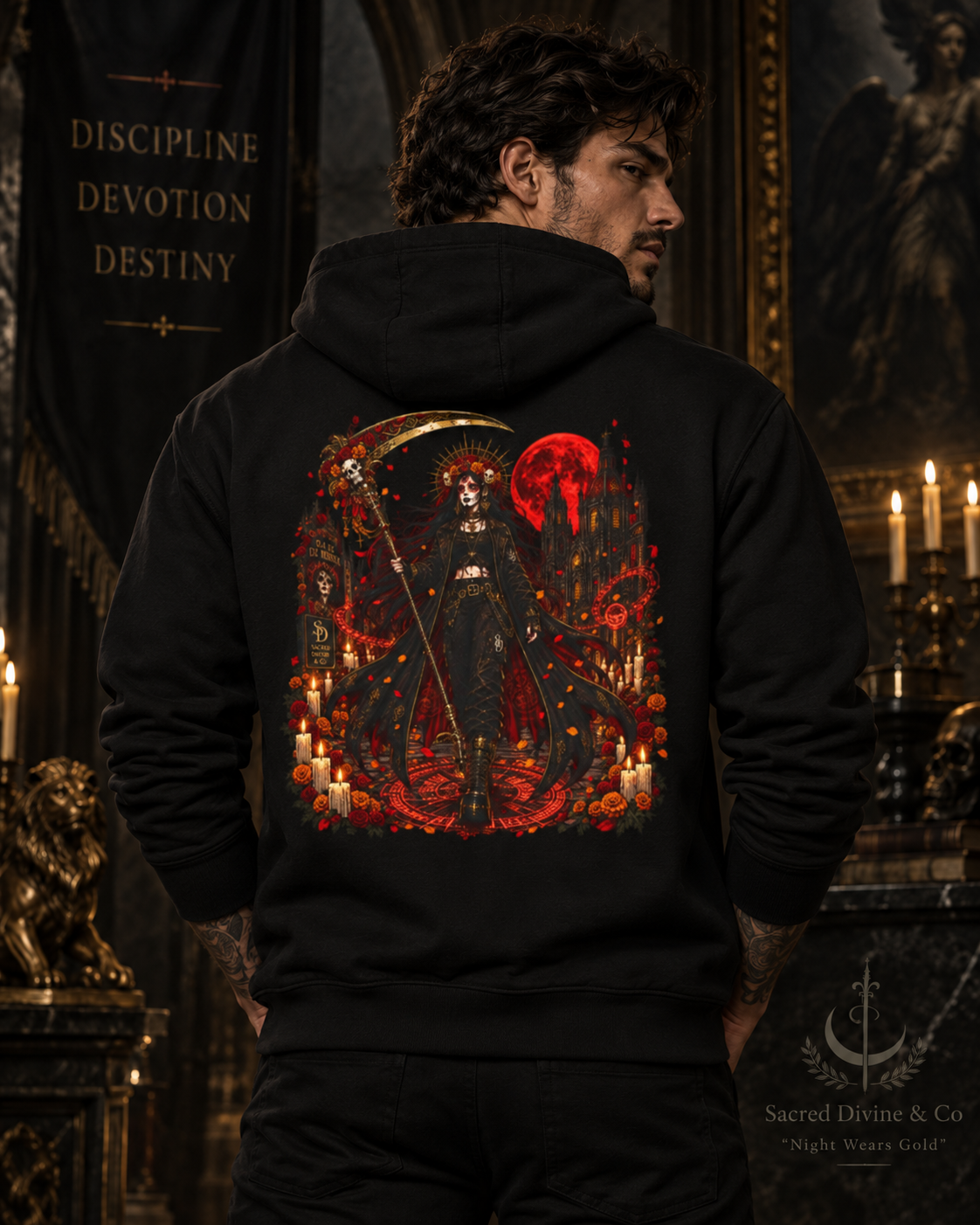 Gothic Reaper Scythe Hoodie with scythe, candles and red moon artwork