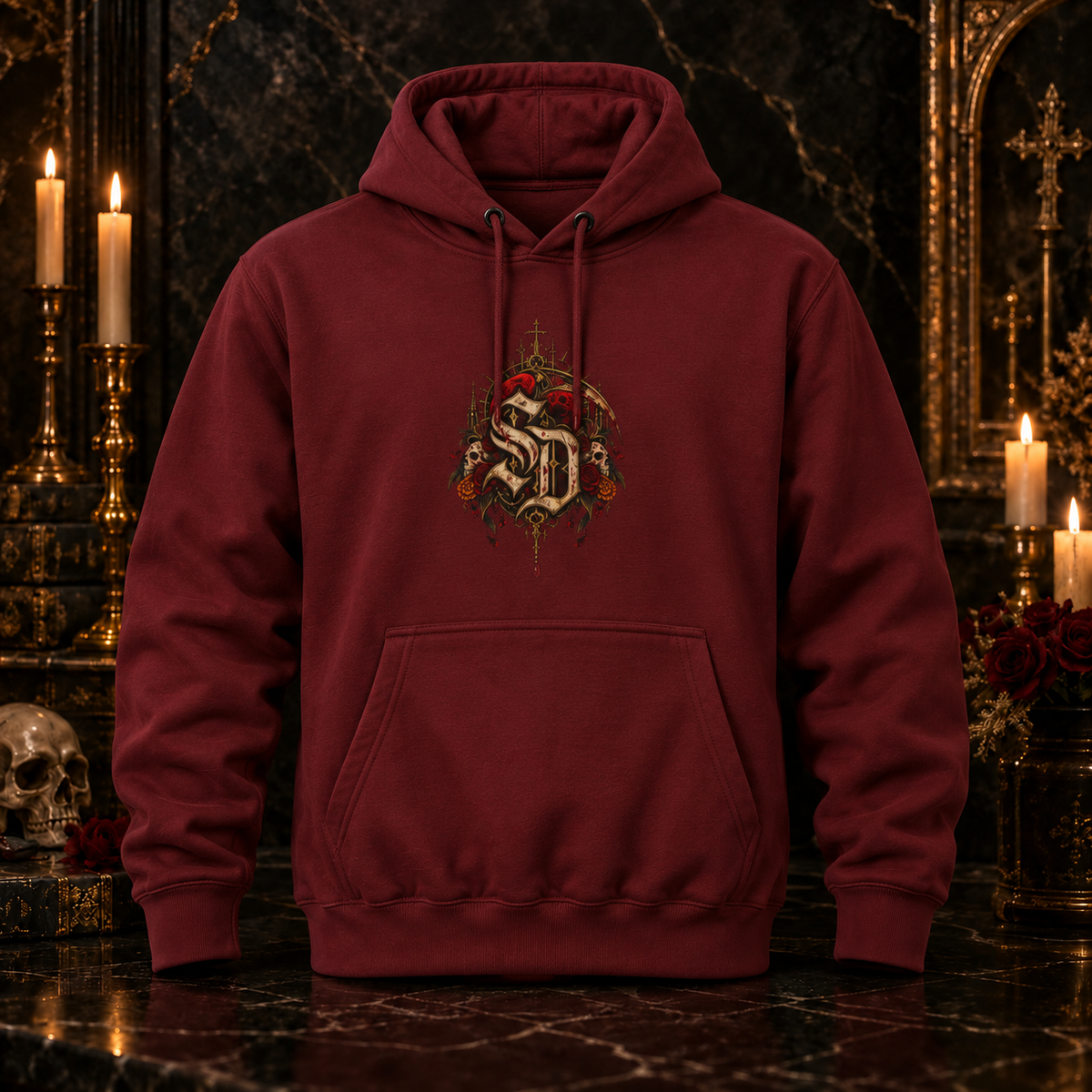 Gothic Reaper Graphic Hoodie — Dark Witch Scythe & Candleback Pullover