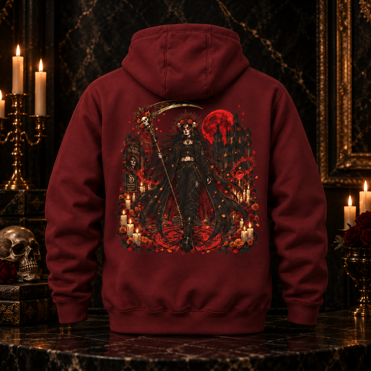 Gothic Reaper Scythe Hoodie featuring Sacred Divine chest branding