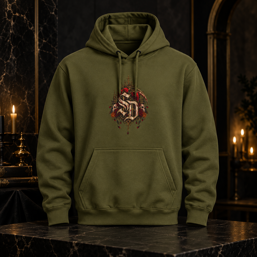 Gothic Reaper Graphic Hoodie — Dark Witch Scythe & Candleback Pullover