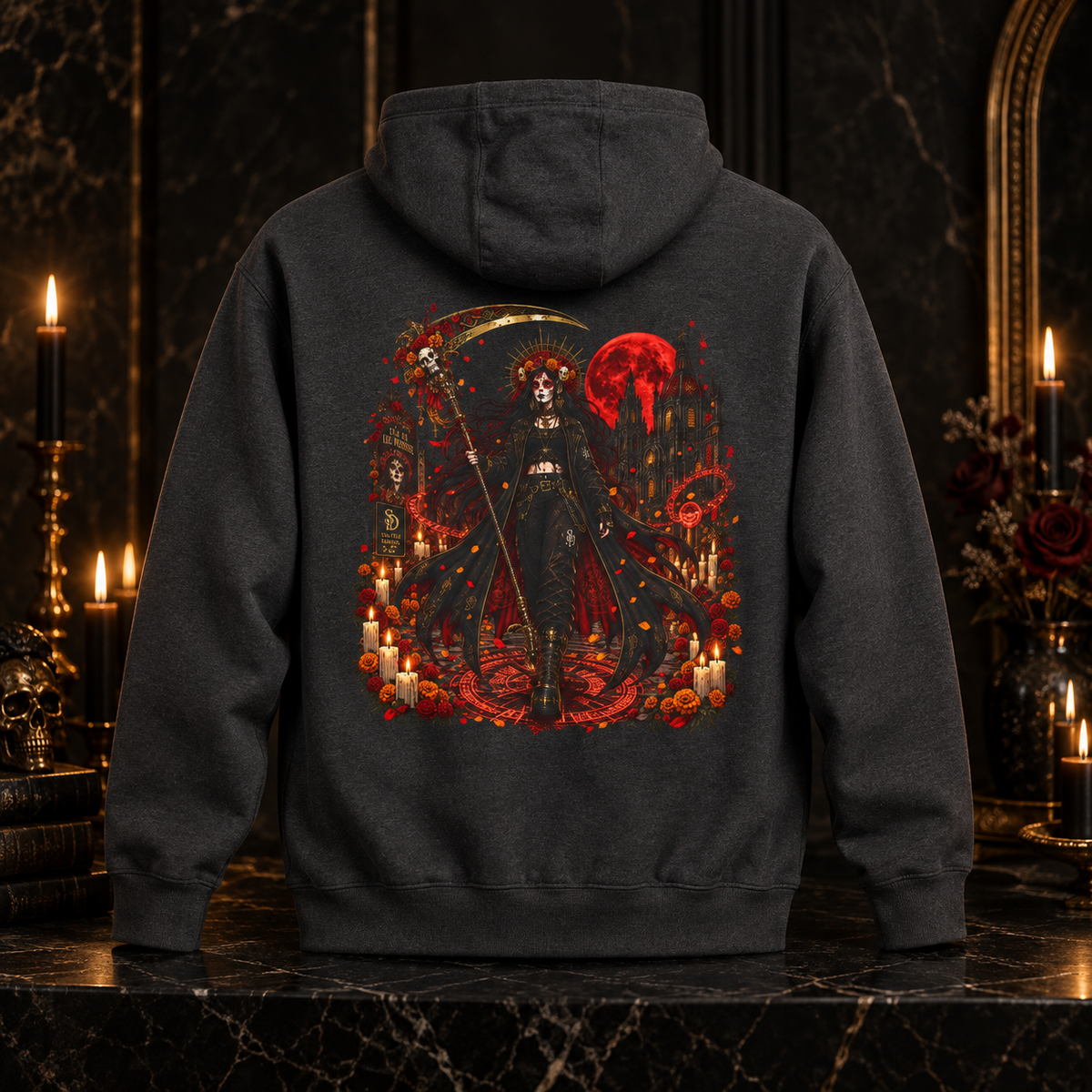 Gothic Reaper Scythe Hoodie featuring hooded reaper artwork