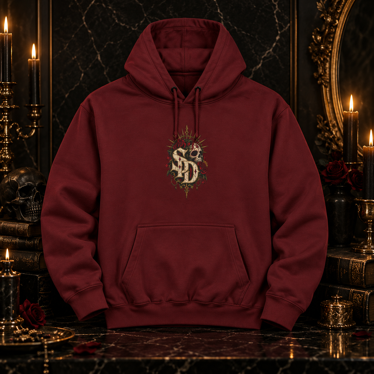 Gothic Vampire Art Hoodie — Dark Red Moon Graphic Fleece