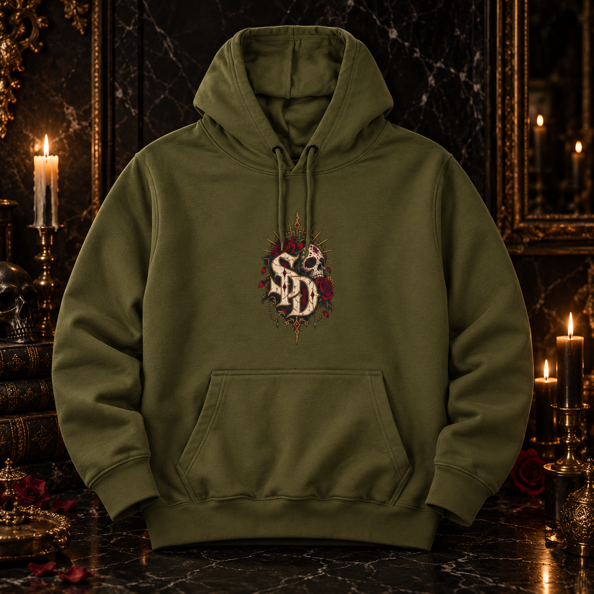 Gothic Vampire Art Hoodie — Dark Red Moon Graphic Fleece