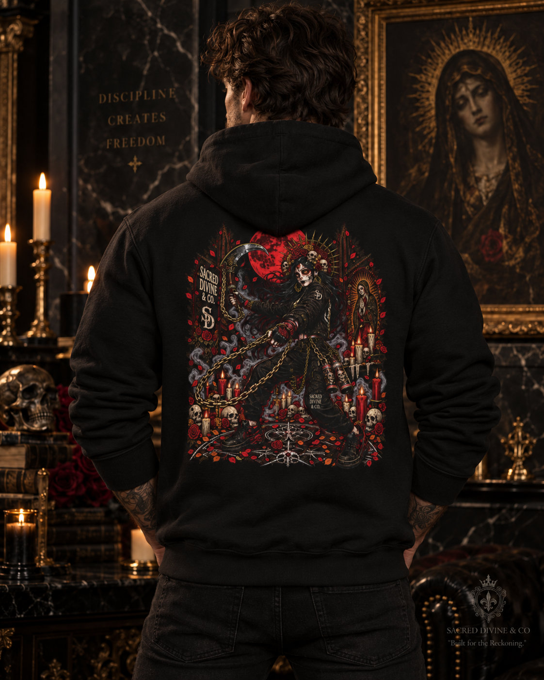 Gothic Vampire Art Hoodie — Dark Red Moon Graphic Fleece