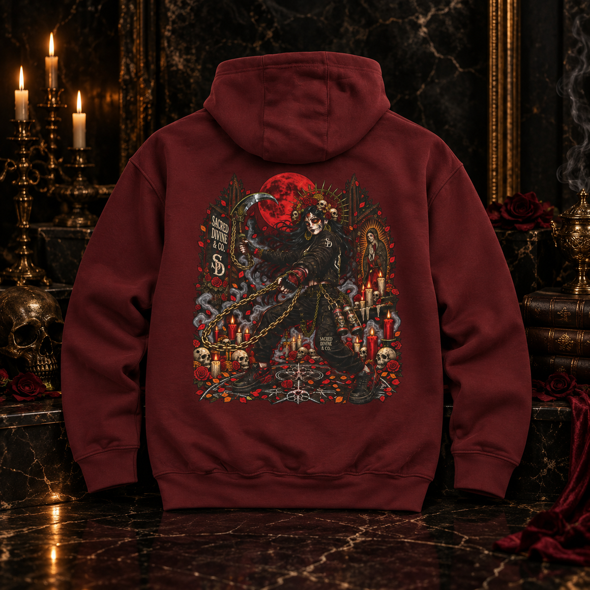 Gothic Vampire Red Moon Hoodie featuring Sacred Divine chest branding