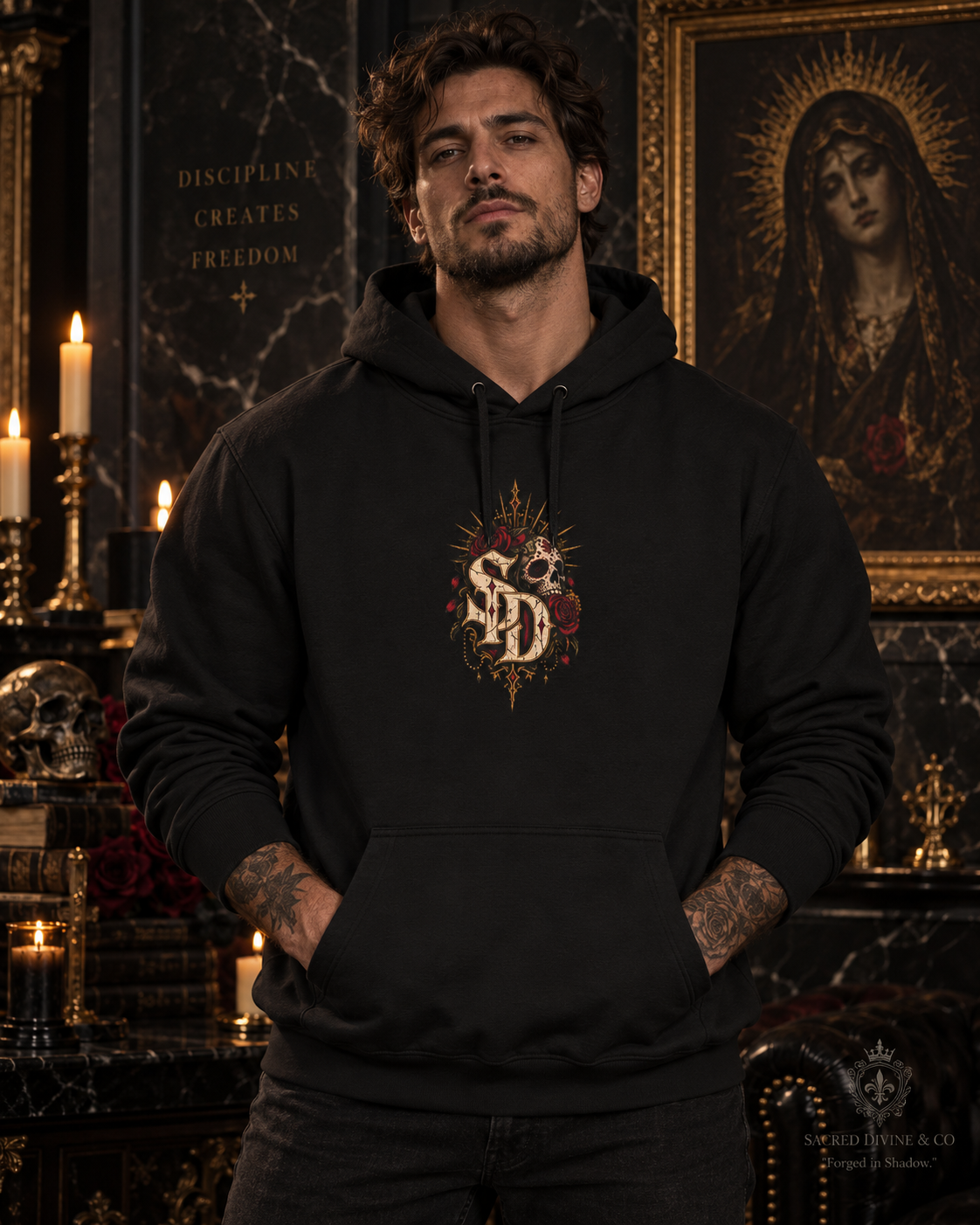 Gothic Vampire Red Moon Hoodie with blood-red moon and candle artwork