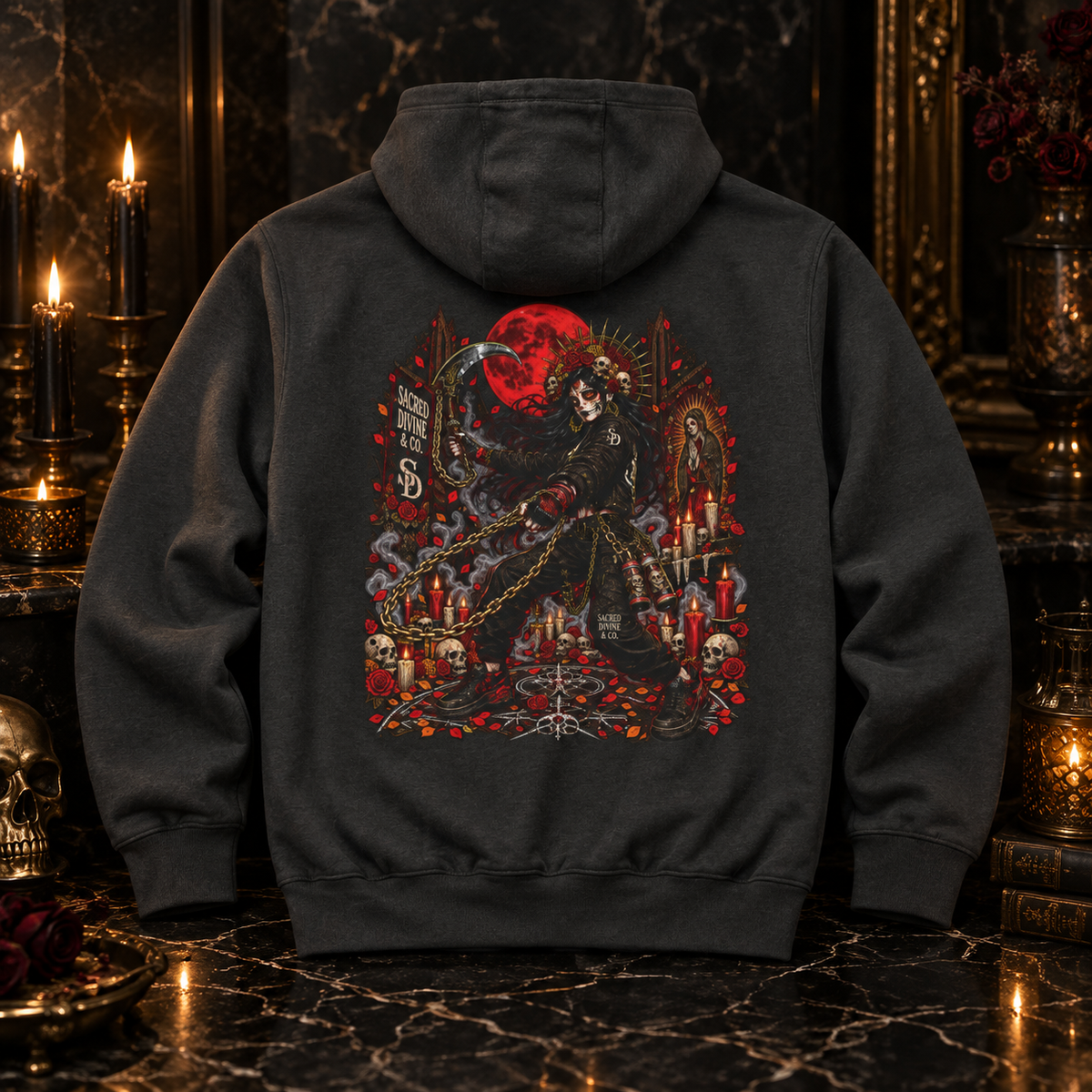 Gothic Vampire Red Moon Hoodie featuring dark vampire artwork