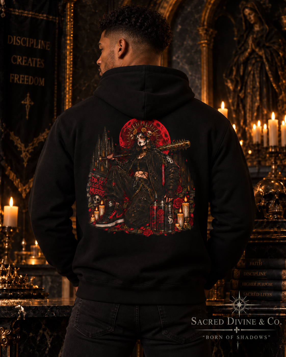 Gothic Skull Shrine Hoodie with cloaked skull and red accent artwork
