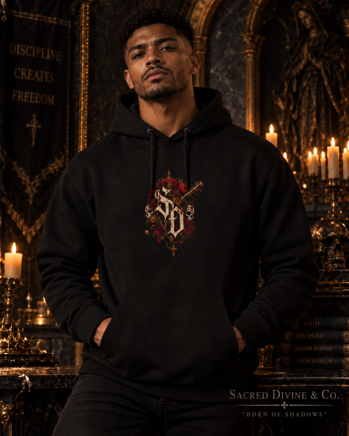 Gothic Skull Shrine Hoodie with red halo and candle artwork