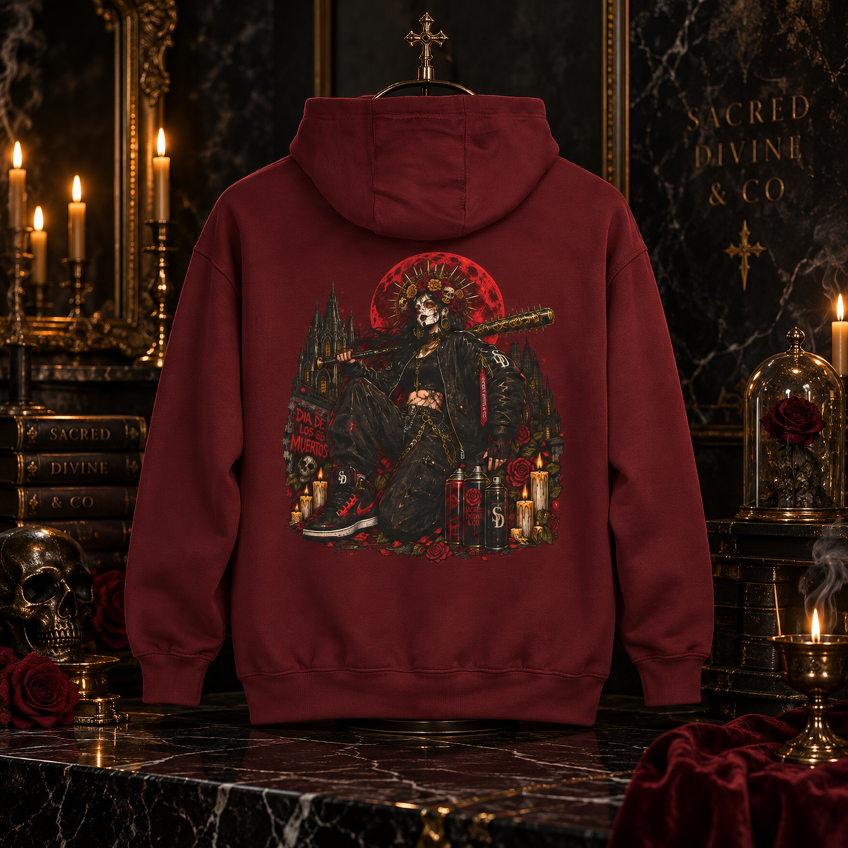Gothic Skull Shrine Hoodie featuring Sacred Divine chest branding