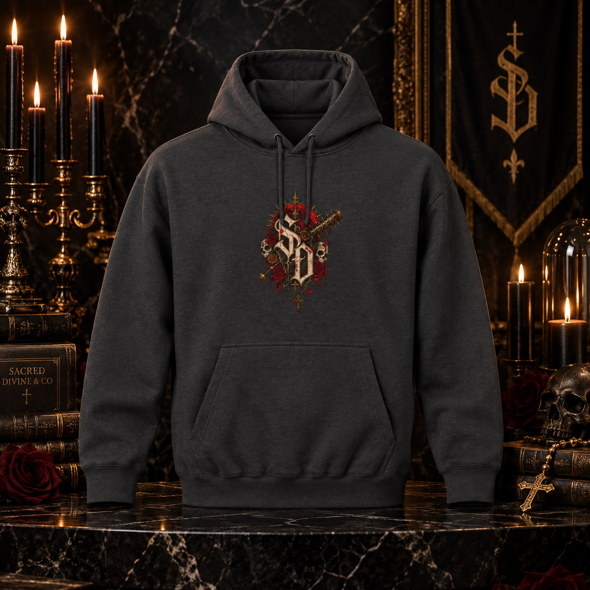 Gothic Skull Shrine Hoodie with large gothic back artwork