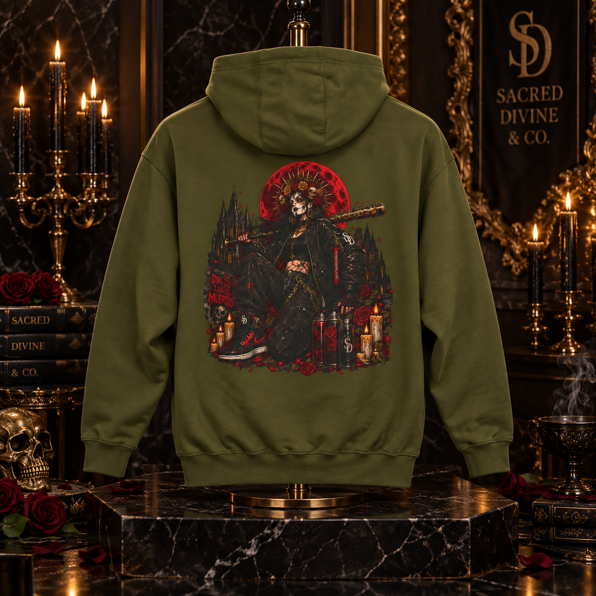 Gothic Skull Shrine Hoodie with skull, roses and gothic shrine details
