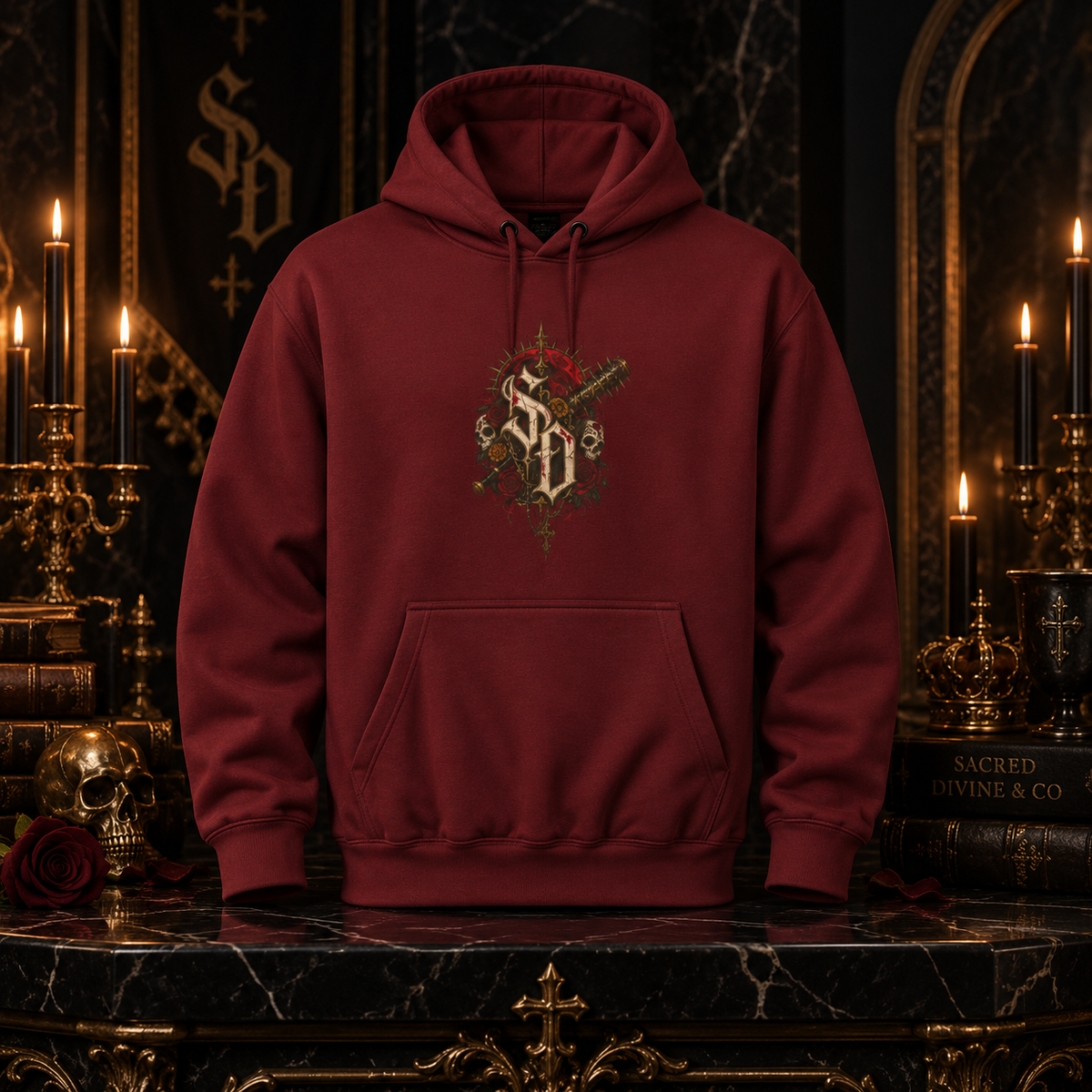 Burgundy Gothic Skull Shrine Hoodie, front view against a dark backdrop with a small gold SD crest with skull and red-rose details on the chest.