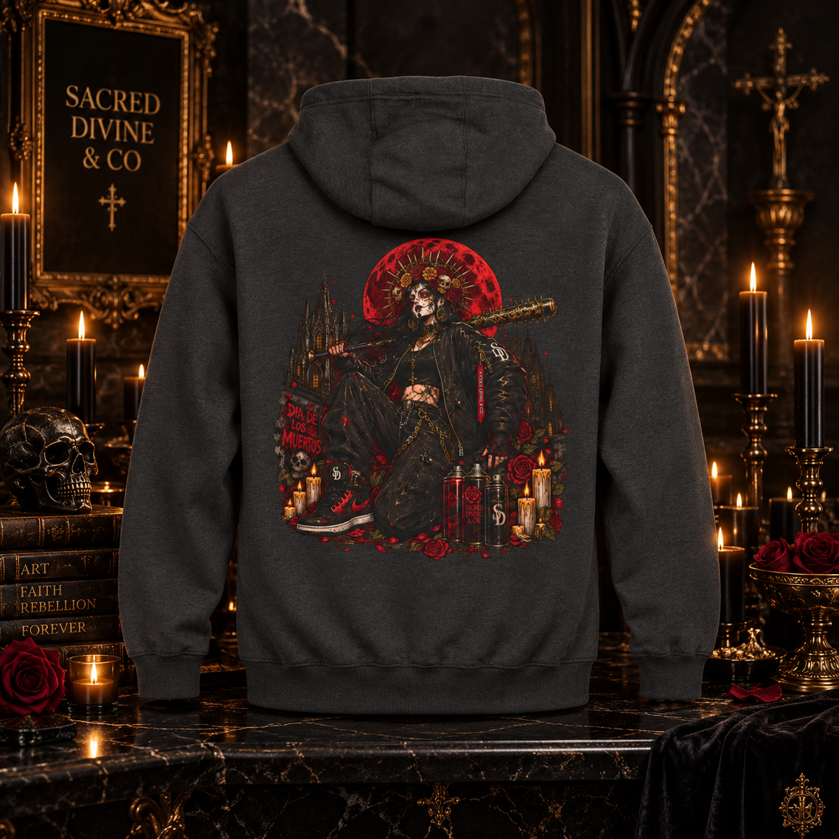 Gothic Skull Shrine Hoodie featuring cloaked skull shrine artwork