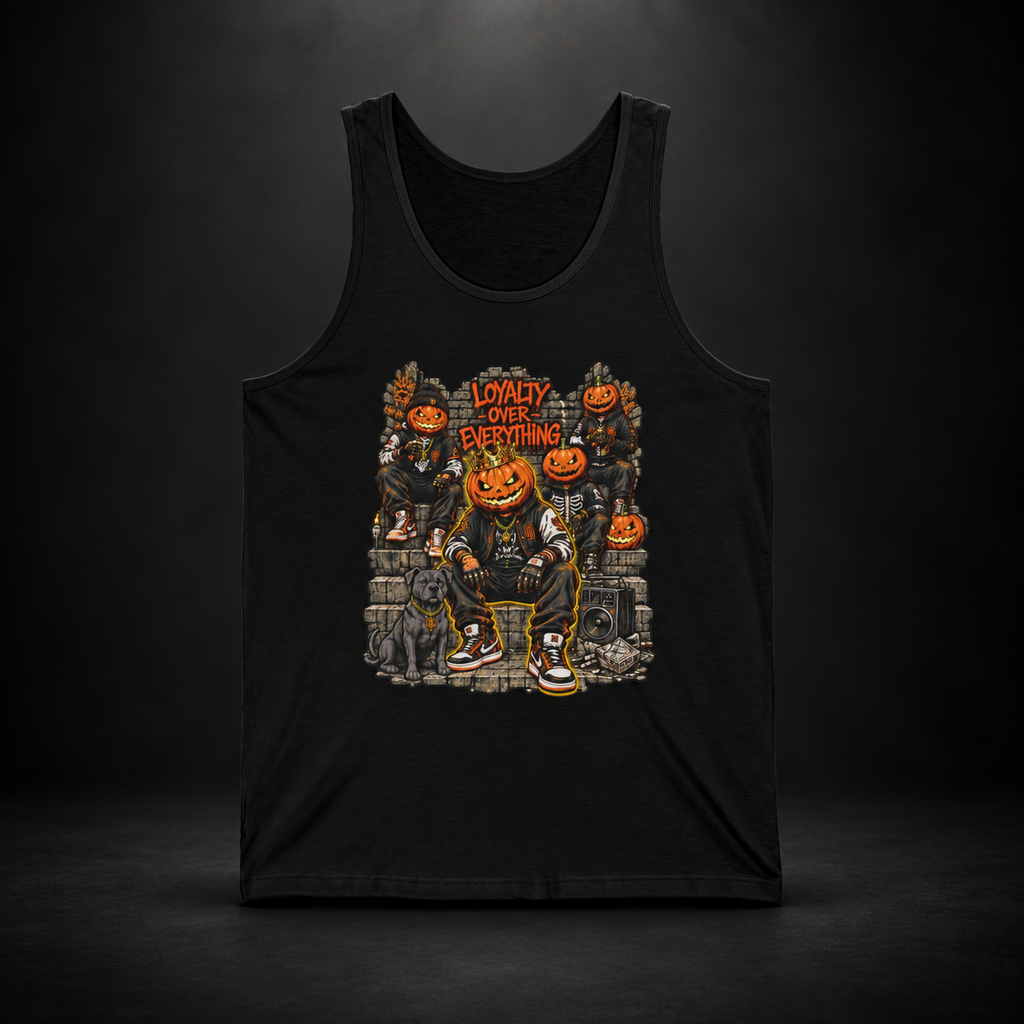 Pumpkin Crew Loyalty Tank Top with fiery emblem design