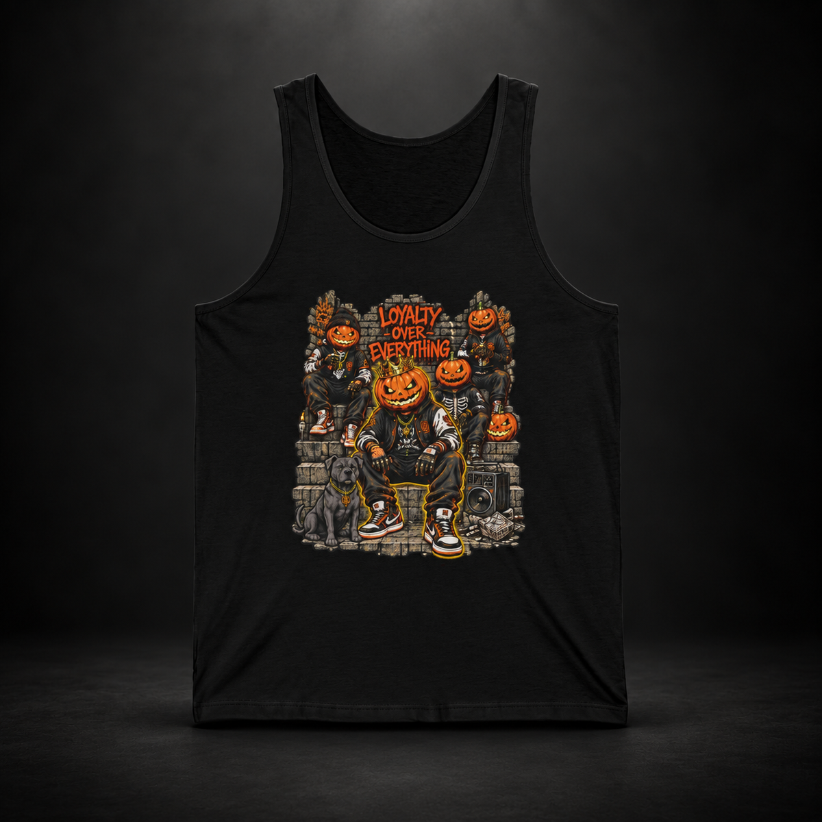 Pumpkin Crew Loyalty Tank Top with fiery emblem design