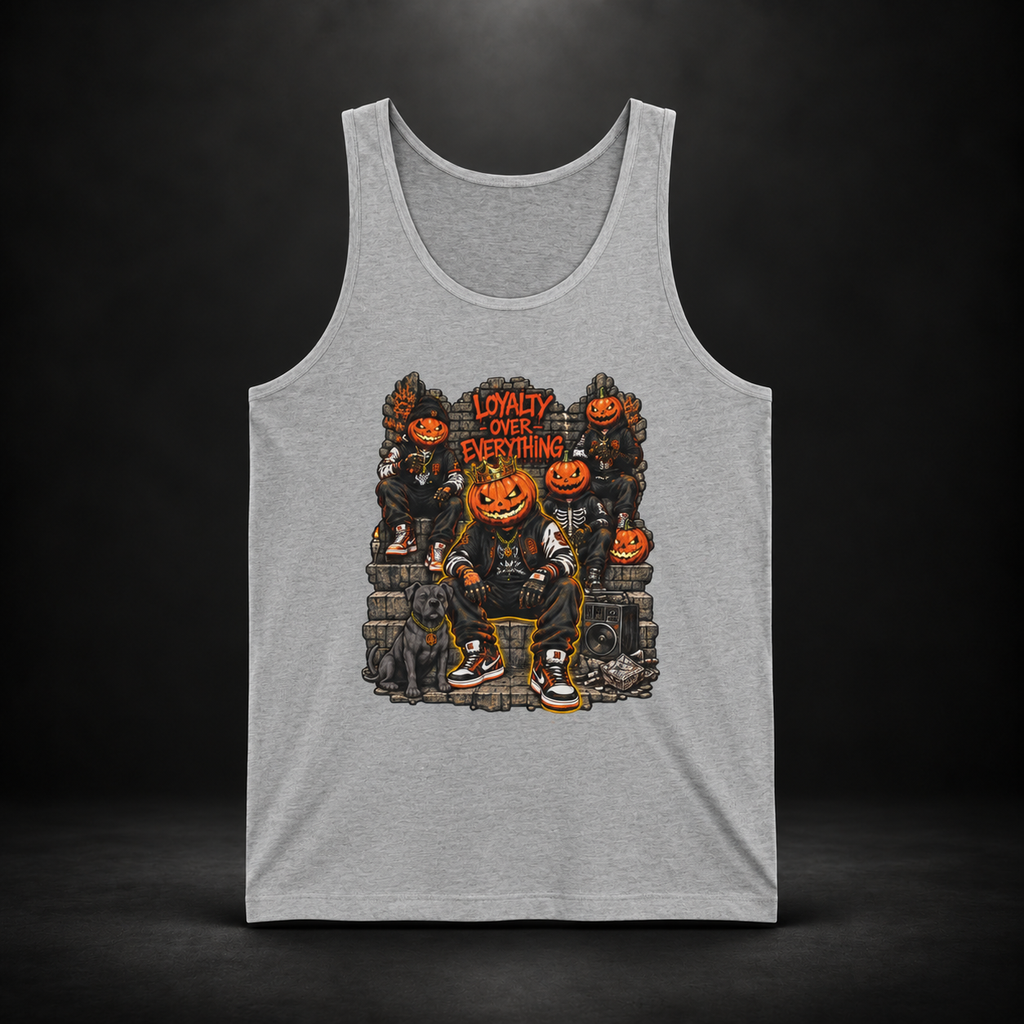 Pumpkin Crew Loyalty Tank Top with jack-o-lantern graphic details