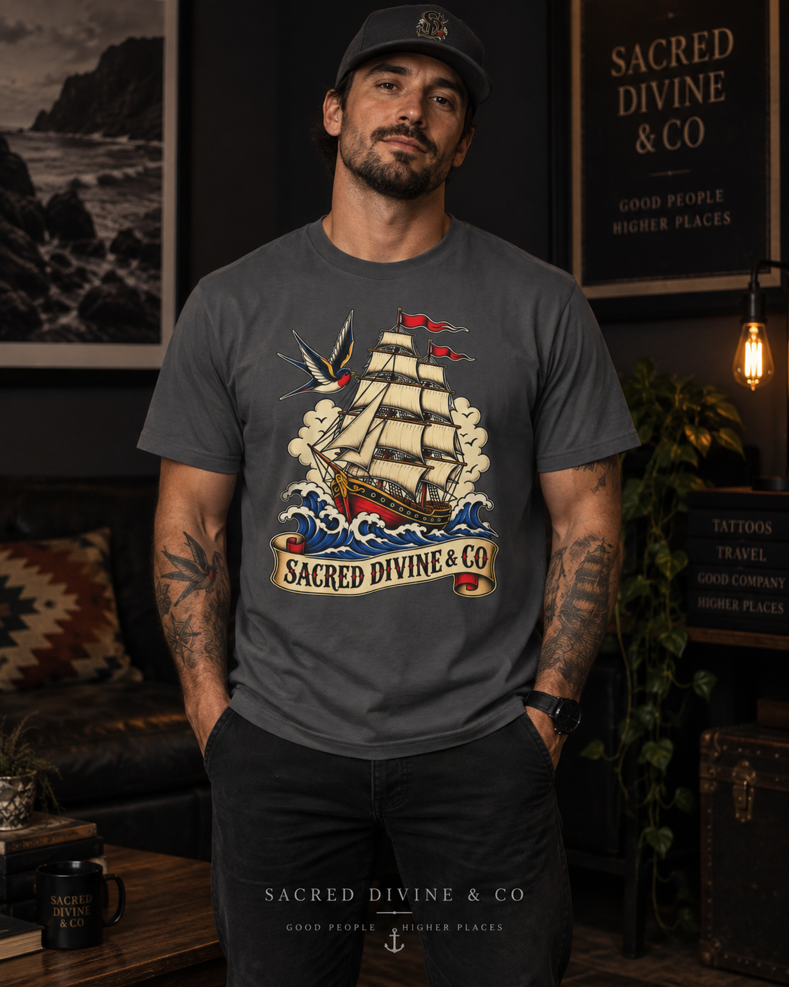 Sailing Tattoo Ship Tee with Sacred Divine banner design