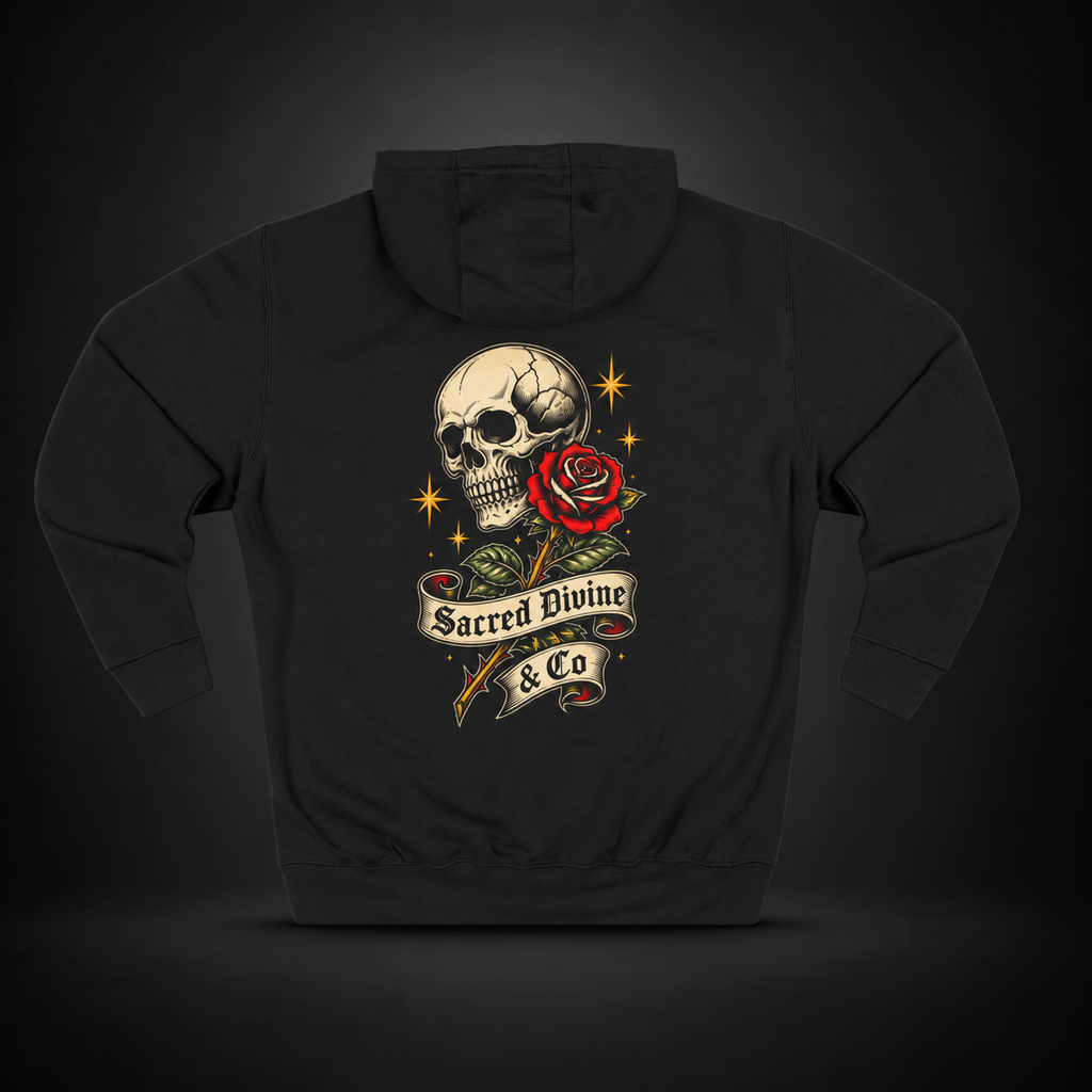 Retro Skull & Rose Hoodie featuring ornamental skull artwork