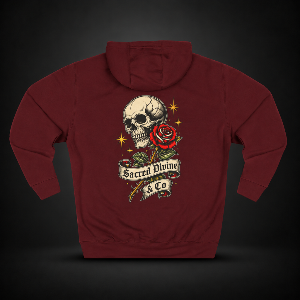 Retro Skull & Rose Hoodie tattoo-inspired Sacred Divine graphic
