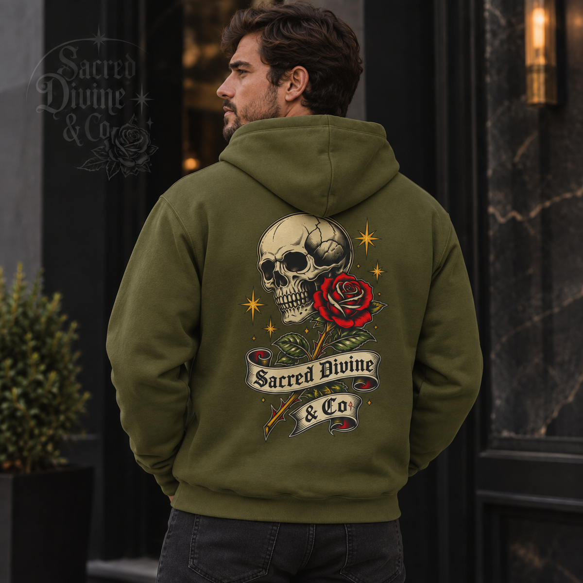 Retro Skull & Rose Hoodie Sacred Divine retro tattoo design