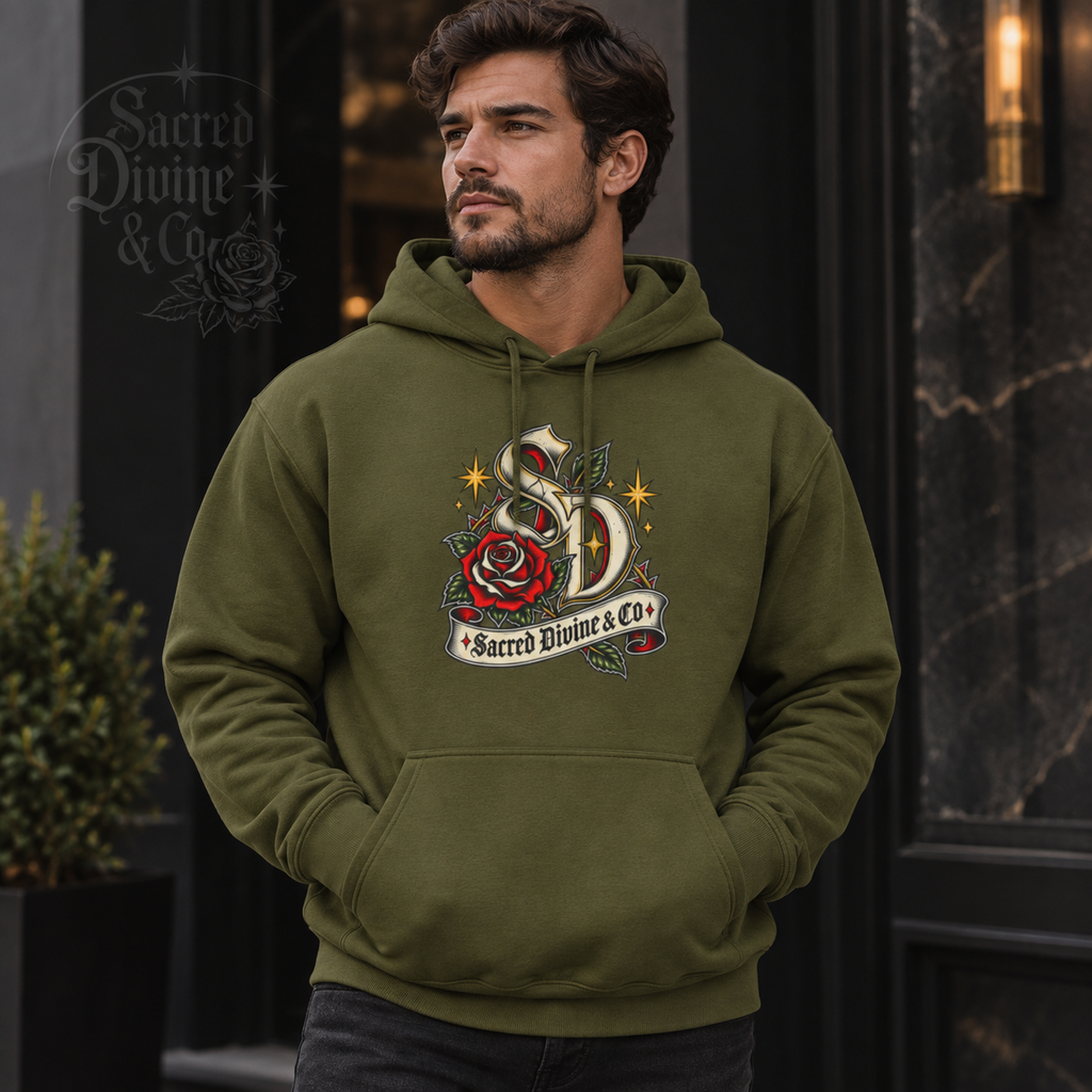 Retro Skull & Rose Hoodie with Sacred Divine banner artwork