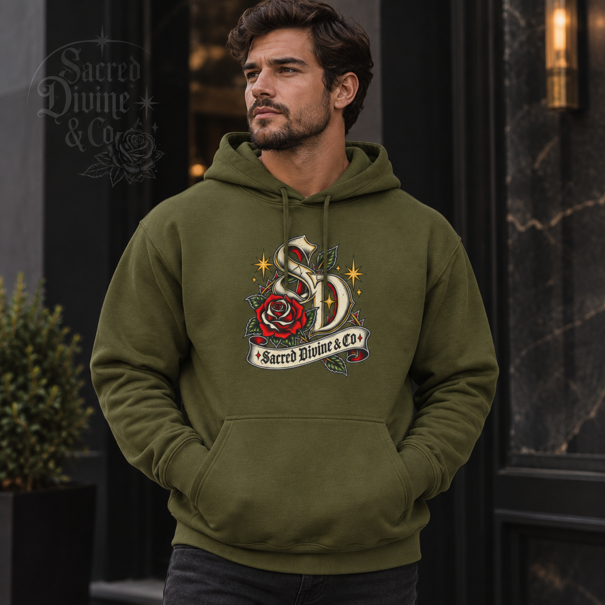 Retro Skull & Rose Hoodie with Sacred Divine banner artwork