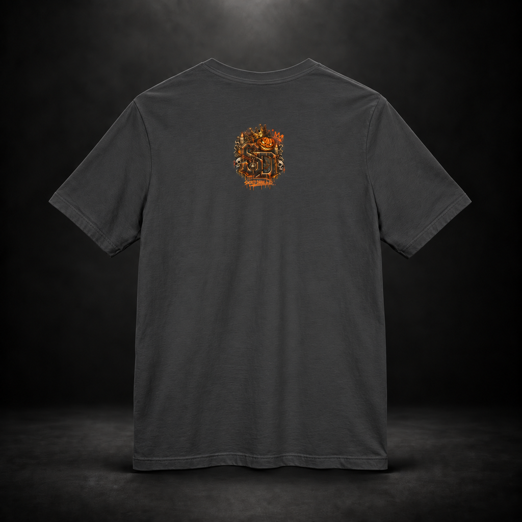 Pumpkin King Respect the Crown Tee with crowned jack-o'-lantern, skull and candle artwork by Sacred Divine & Co.