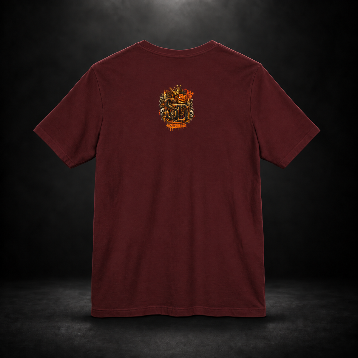 Pumpkin King Respect the Crown Tee with crowned jack-o'-lantern, skull and candle artwork by Sacred Divine & Co.