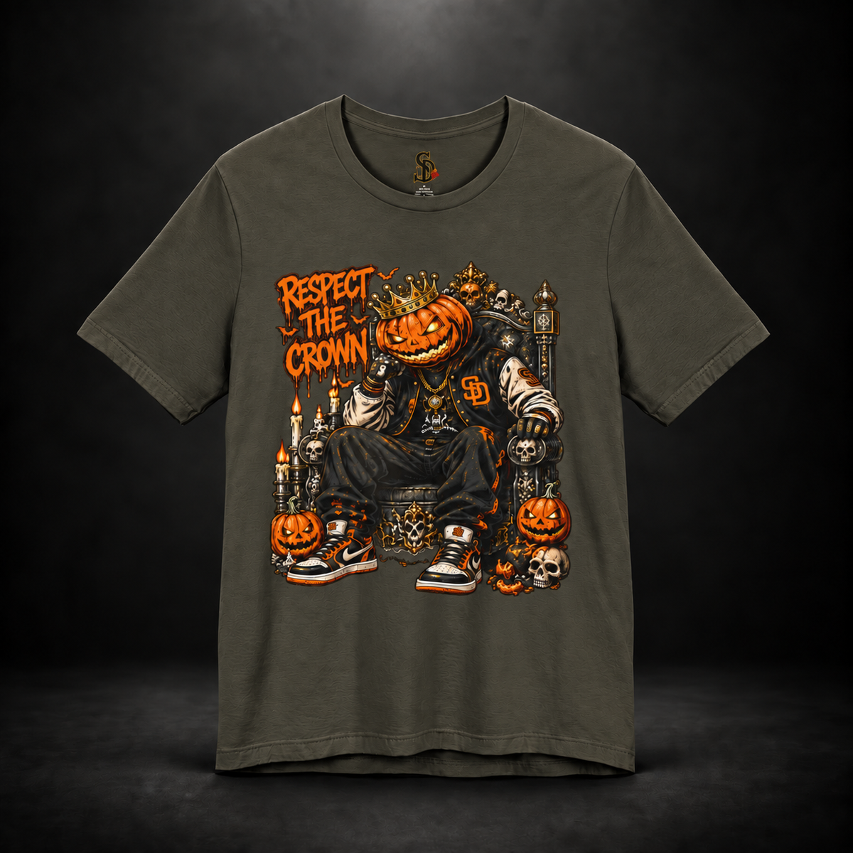 Pumpkin King Respect the Crown Tee with crowned jack-o'-lantern, skull and candle artwork by Sacred Divine & Co.