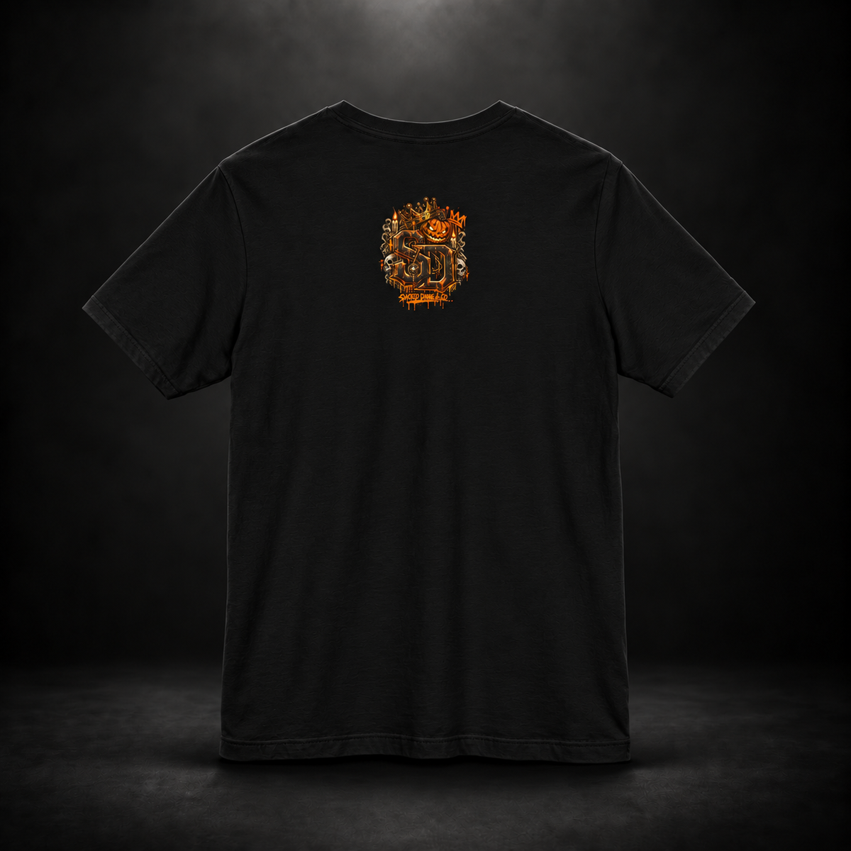Pumpkin King Respect the Crown Tee with crowned jack-o'-lantern, skull and candle artwork by Sacred Divine & Co.
