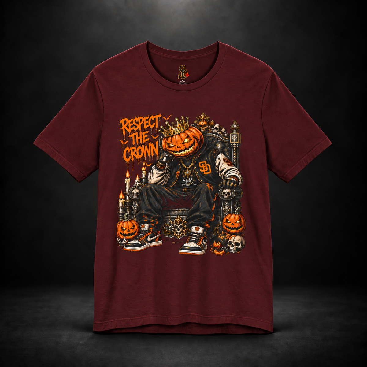 Pumpkin King Respect the Crown Tee with crowned jack-o'-lantern, skull and candle artwork by Sacred Divine & Co.