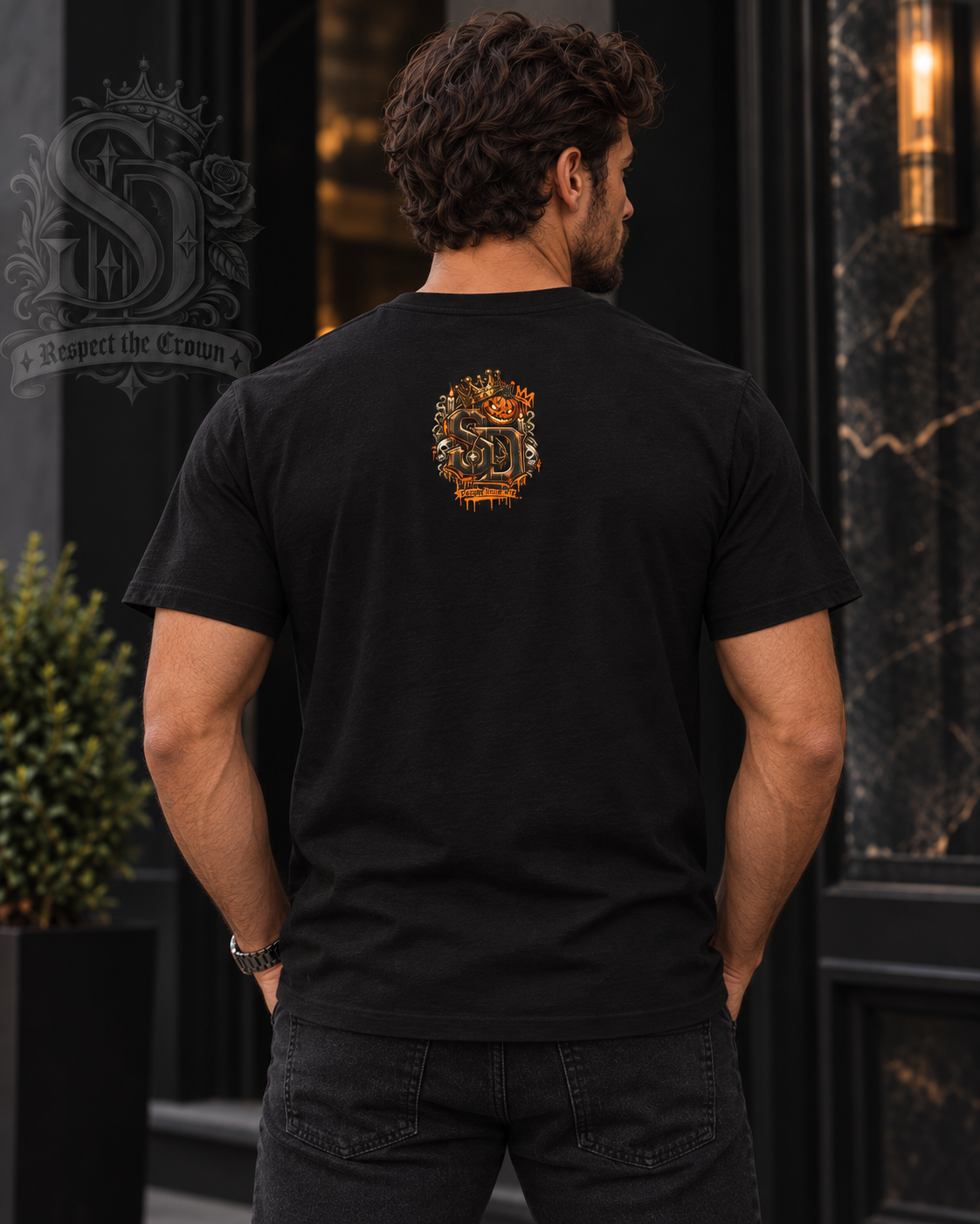 Pumpkin King Respect the Crown Tee with crowned jack-o'-lantern, skull and candle artwork by Sacred Divine & Co.