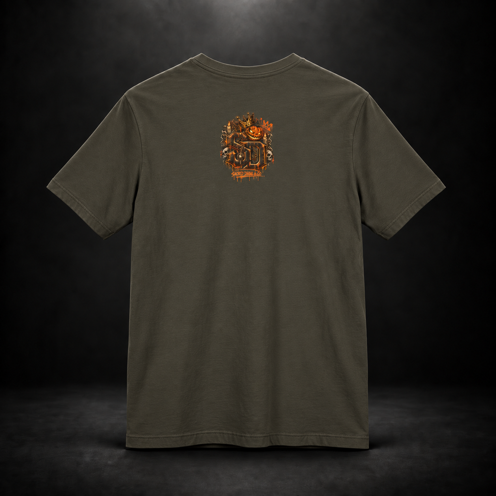 Pumpkin King Respect the Crown Tee with crowned jack-o'-lantern, skull and candle artwork by Sacred Divine & Co.