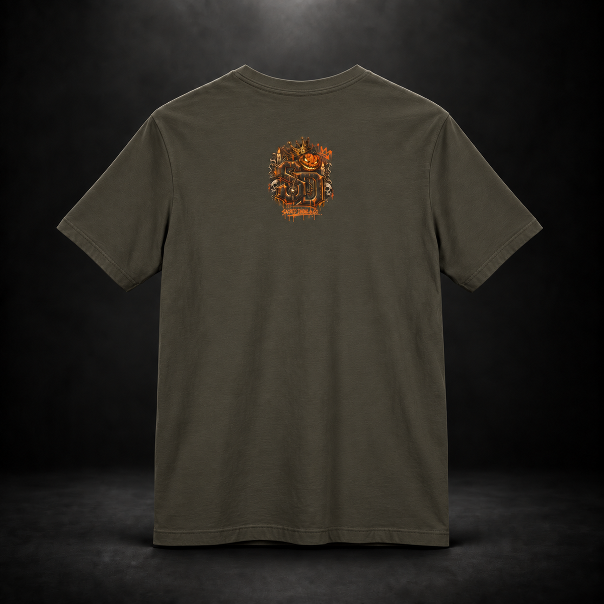 Pumpkin King Respect the Crown Tee with crowned jack-o'-lantern, skull and candle artwork by Sacred Divine & Co.