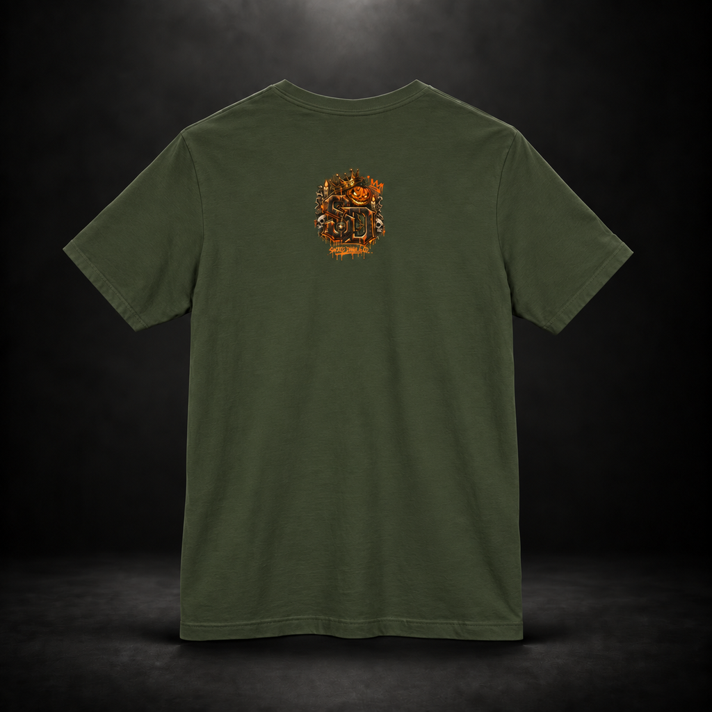 Pumpkin King Respect the Crown Tee with crowned jack-o'-lantern, skull and candle artwork by Sacred Divine & Co.