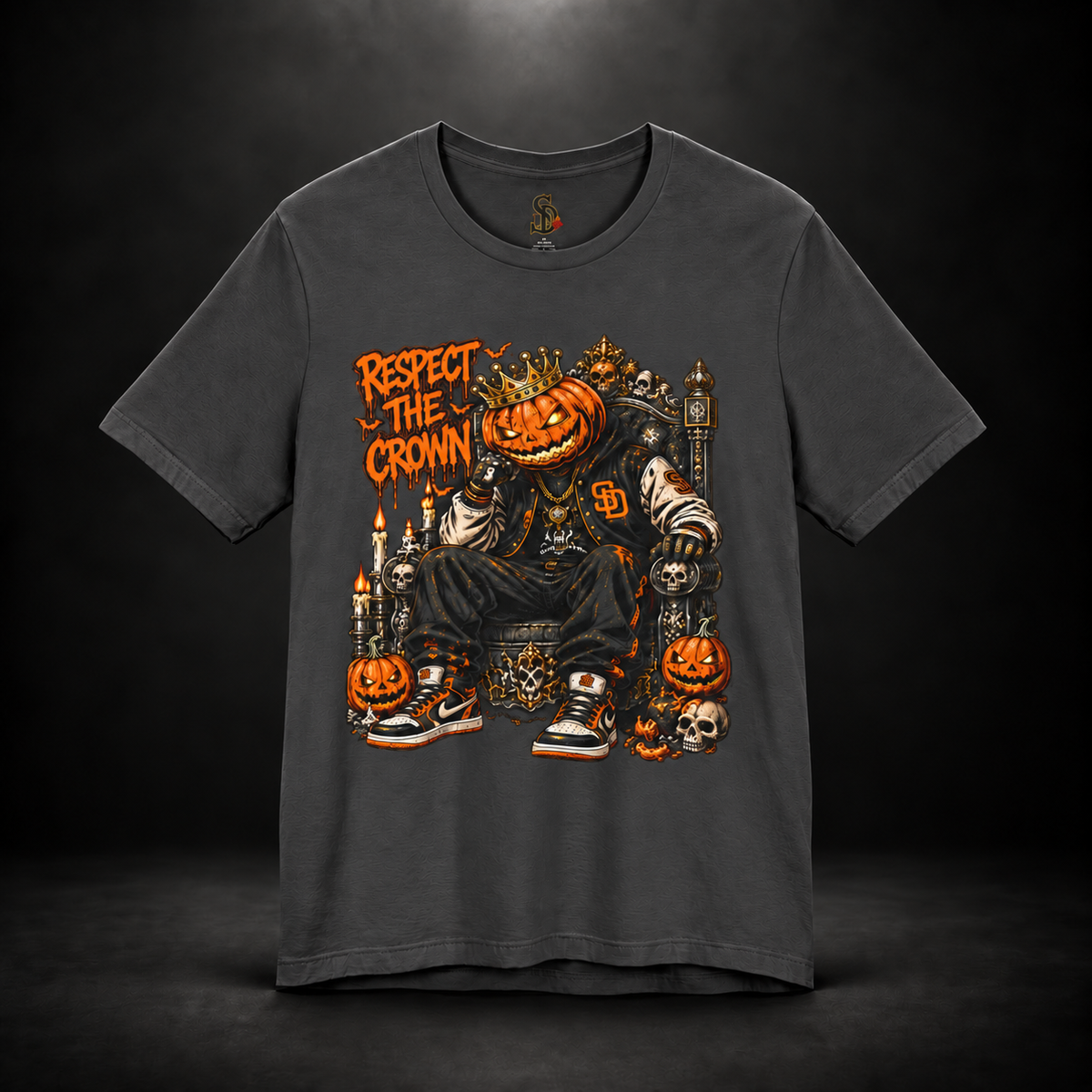 Pumpkin King Respect the Crown Tee with crowned jack-o'-lantern, skull and candle artwork by Sacred Divine & Co.