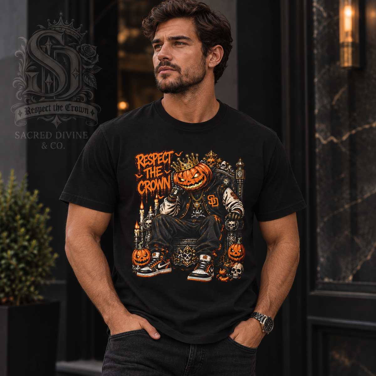 Pumpkin King Respect the Crown Tee with crowned jack-o'-lantern, skull and candle artwork by Sacred Divine & Co.